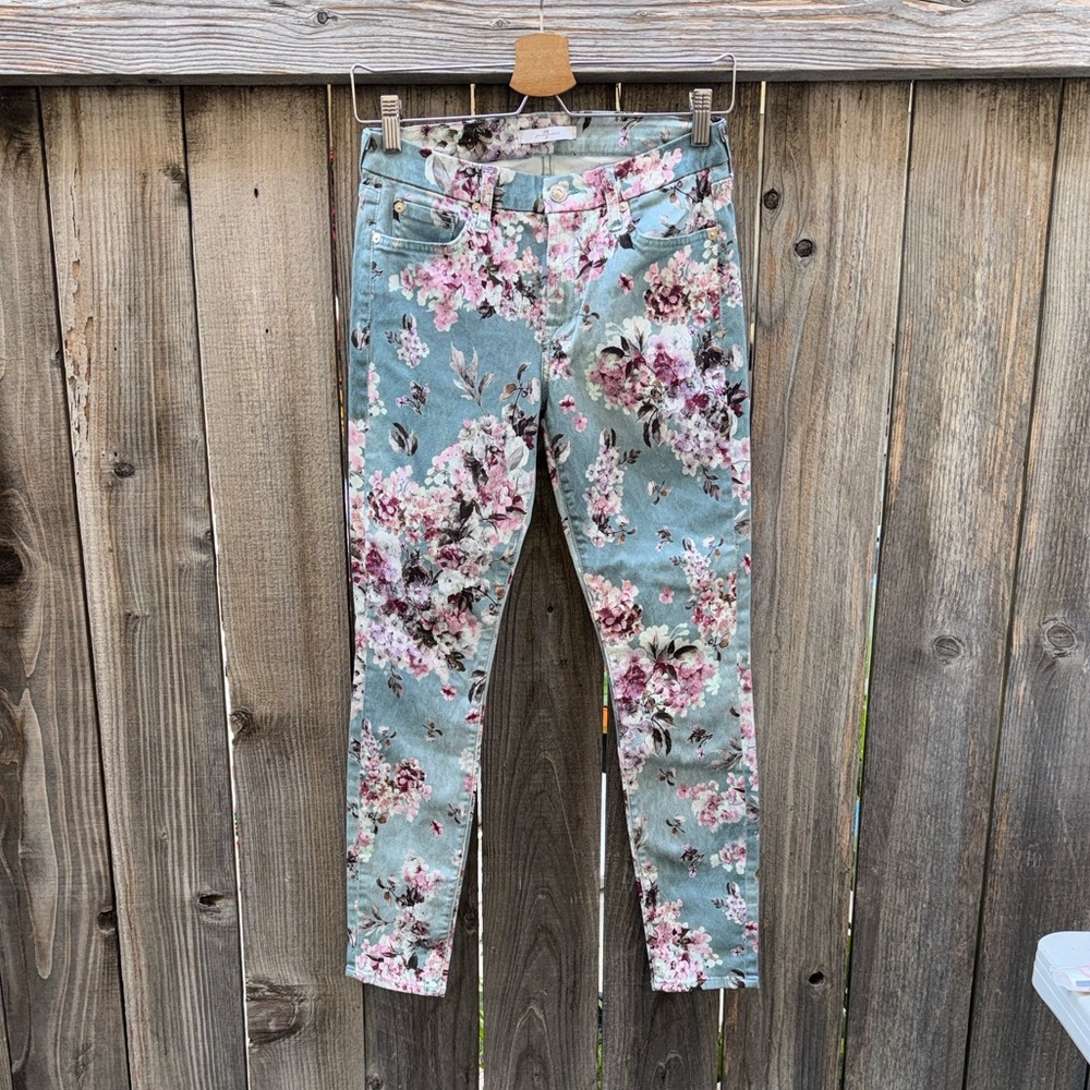 For All Mankind Skinny Floral Jeans Size 28 Hydrangea Blue